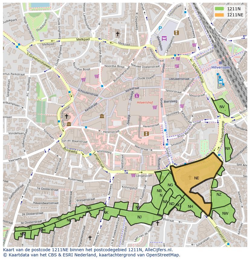 Afbeelding van het postcodegebied 1211 NE op de kaart.