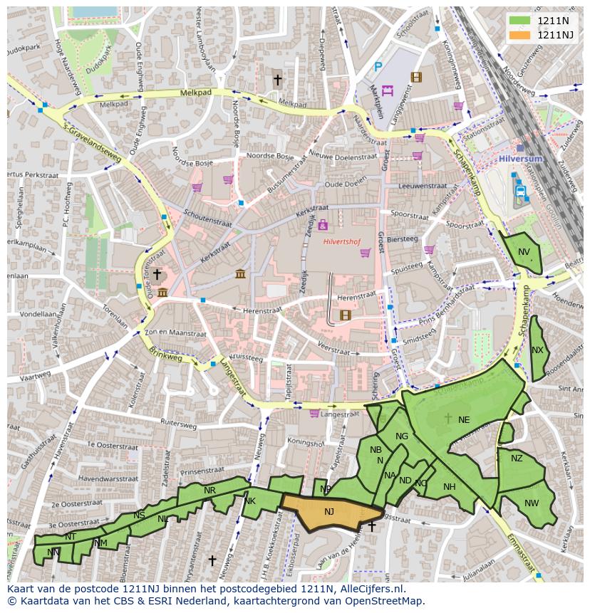Afbeelding van het postcodegebied 1211 NJ op de kaart.