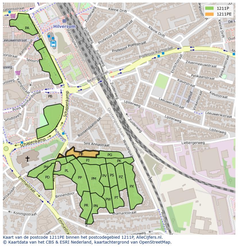 Afbeelding van het postcodegebied 1211 PE op de kaart.
