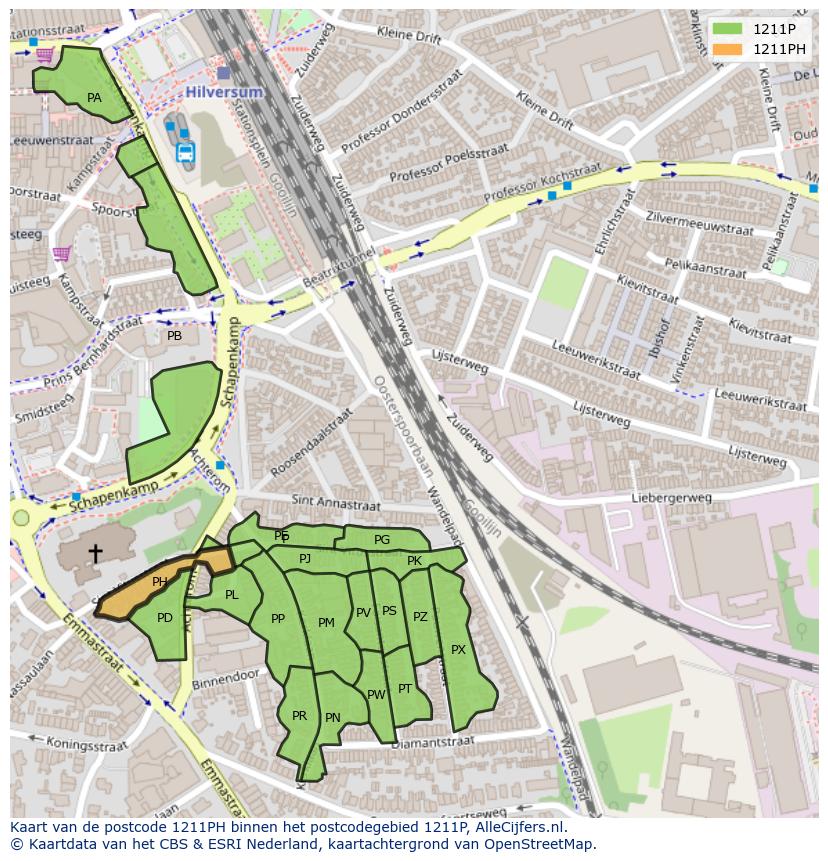 Afbeelding van het postcodegebied 1211 PH op de kaart.