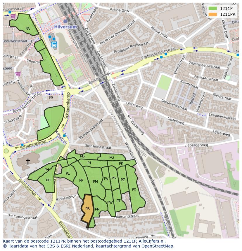 Afbeelding van het postcodegebied 1211 PR op de kaart.