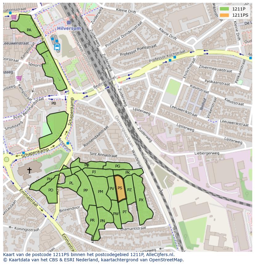 Afbeelding van het postcodegebied 1211 PS op de kaart.