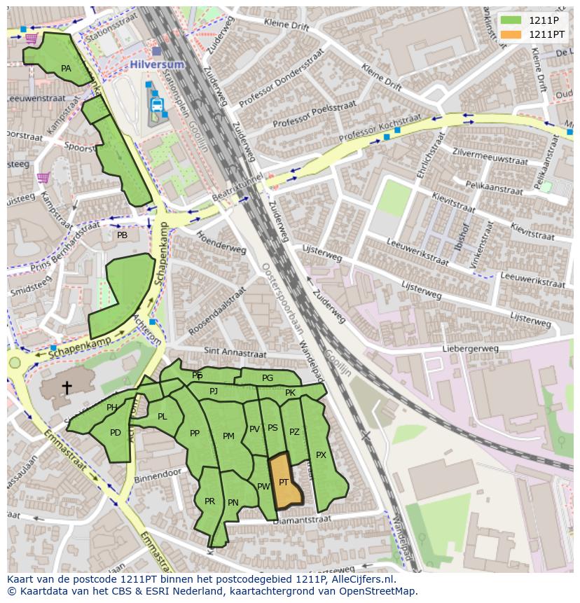 Afbeelding van het postcodegebied 1211 PT op de kaart.