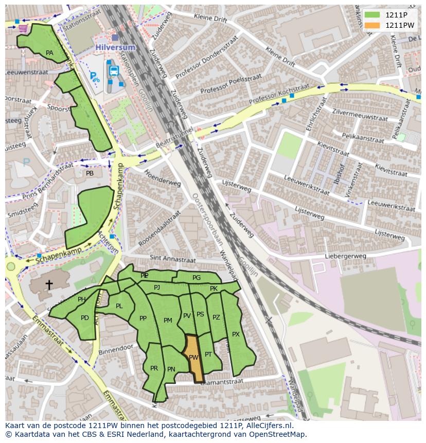 Afbeelding van het postcodegebied 1211 PW op de kaart.