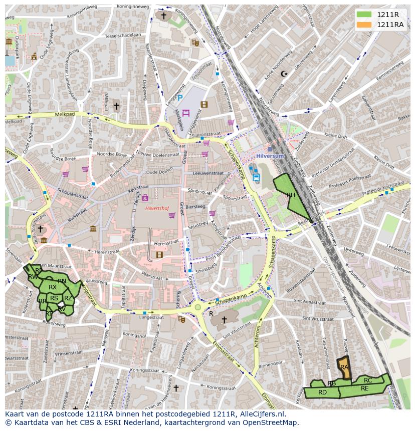 Afbeelding van het postcodegebied 1211 RA op de kaart.