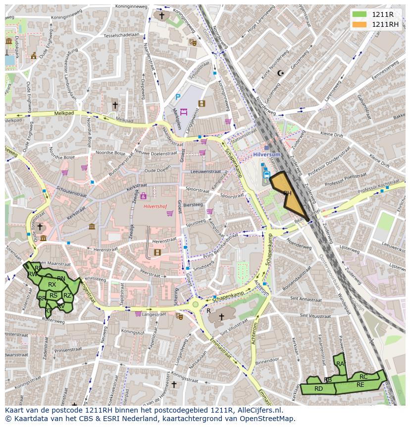 Afbeelding van het postcodegebied 1211 RH op de kaart.