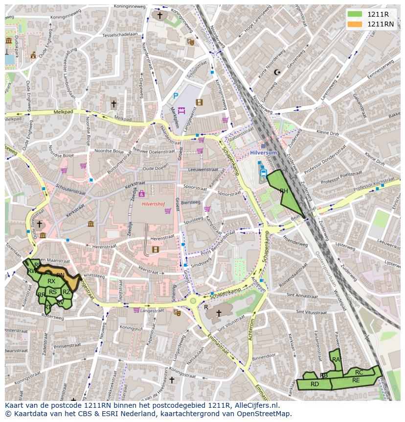 Afbeelding van het postcodegebied 1211 RN op de kaart.