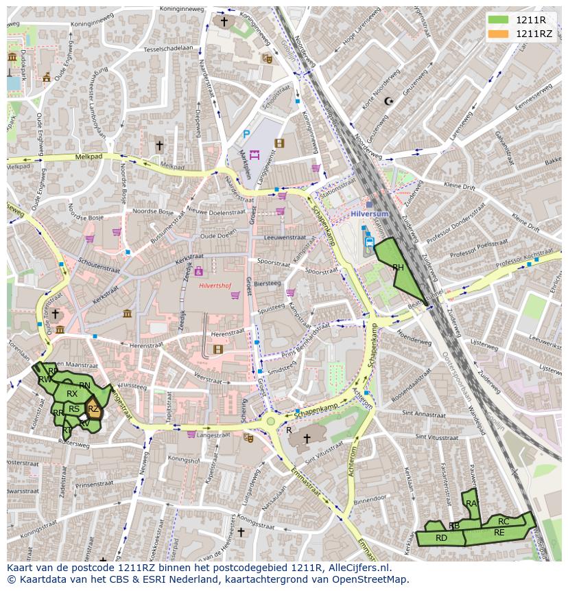 Afbeelding van het postcodegebied 1211 RZ op de kaart.