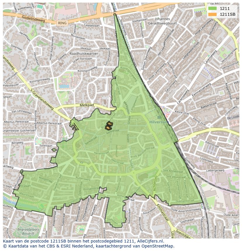 Afbeelding van het postcodegebied 1211 SB op de kaart.