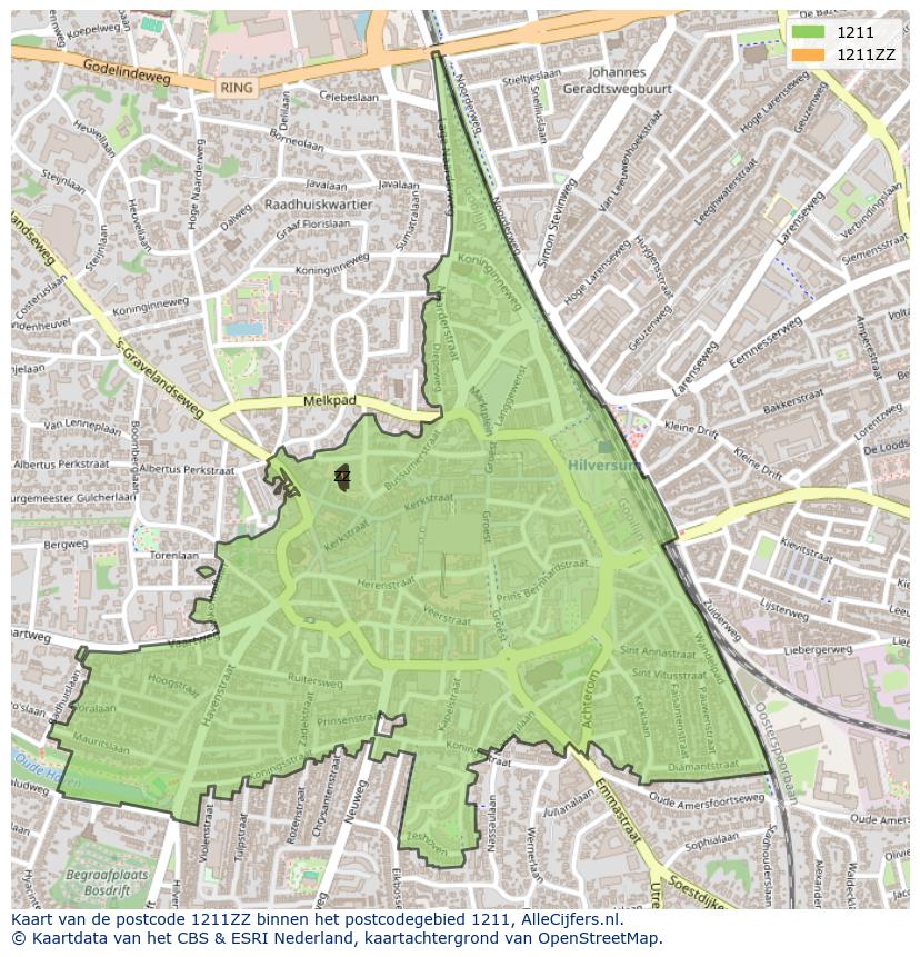 Afbeelding van het postcodegebied 1211 ZZ op de kaart.