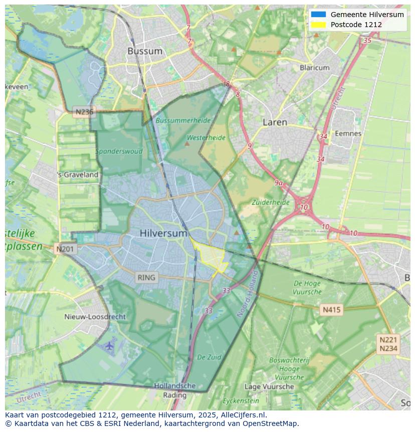 Afbeelding van het postcodegebied 1212 op de kaart.