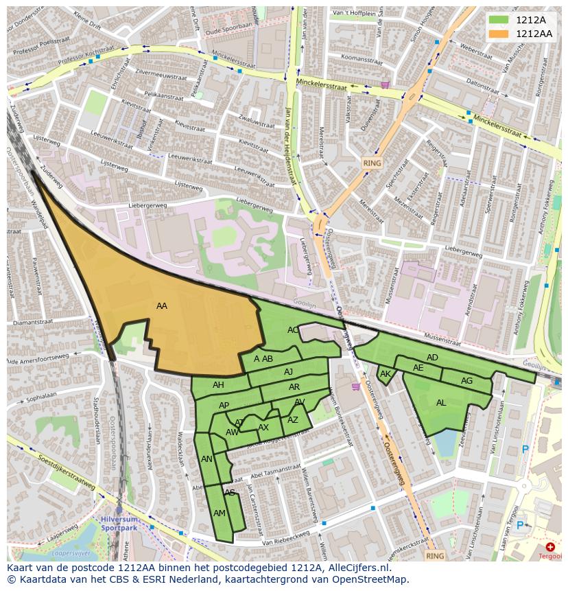 Afbeelding van het postcodegebied 1212 AA op de kaart.