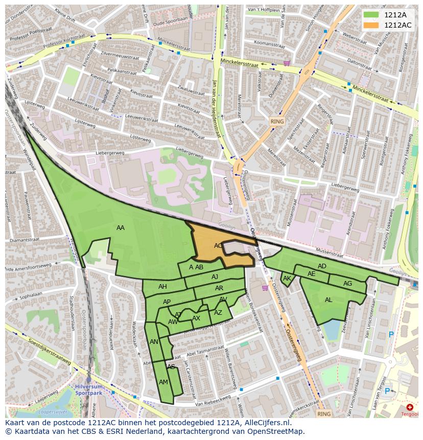 Afbeelding van het postcodegebied 1212 AC op de kaart.
