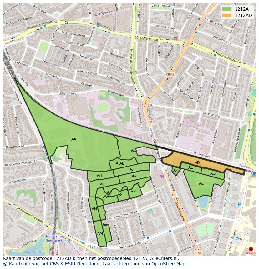 Afbeelding van het postcodegebied 1212 AD op de kaart.