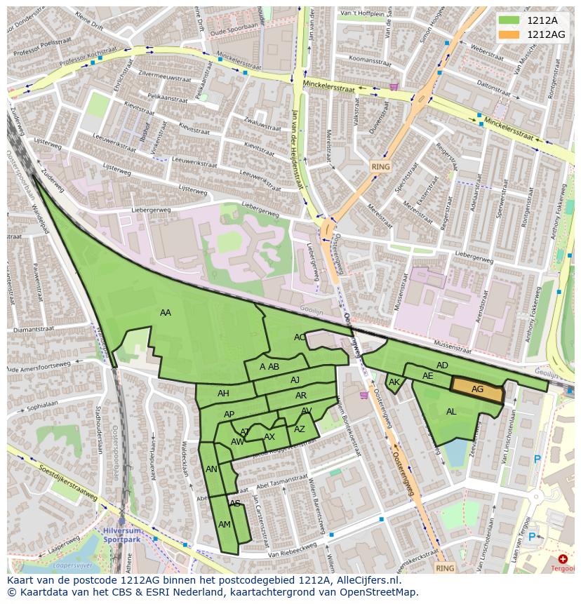 Afbeelding van het postcodegebied 1212 AG op de kaart.
