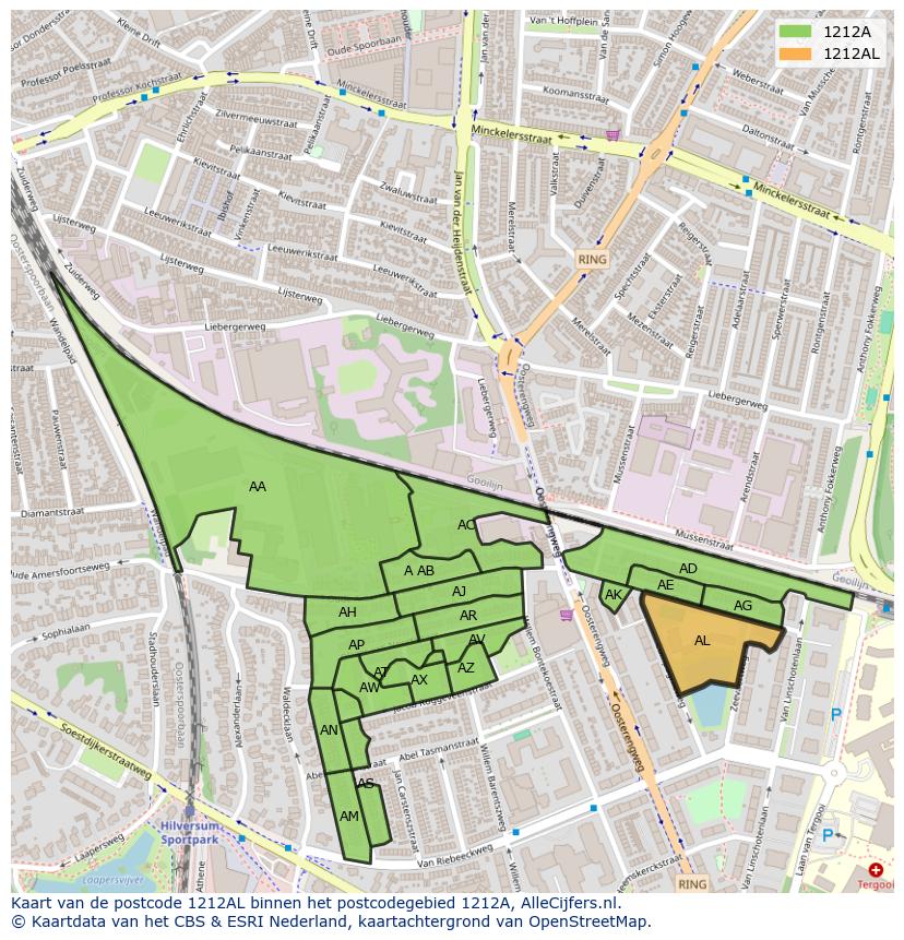 Afbeelding van het postcodegebied 1212 AL op de kaart.