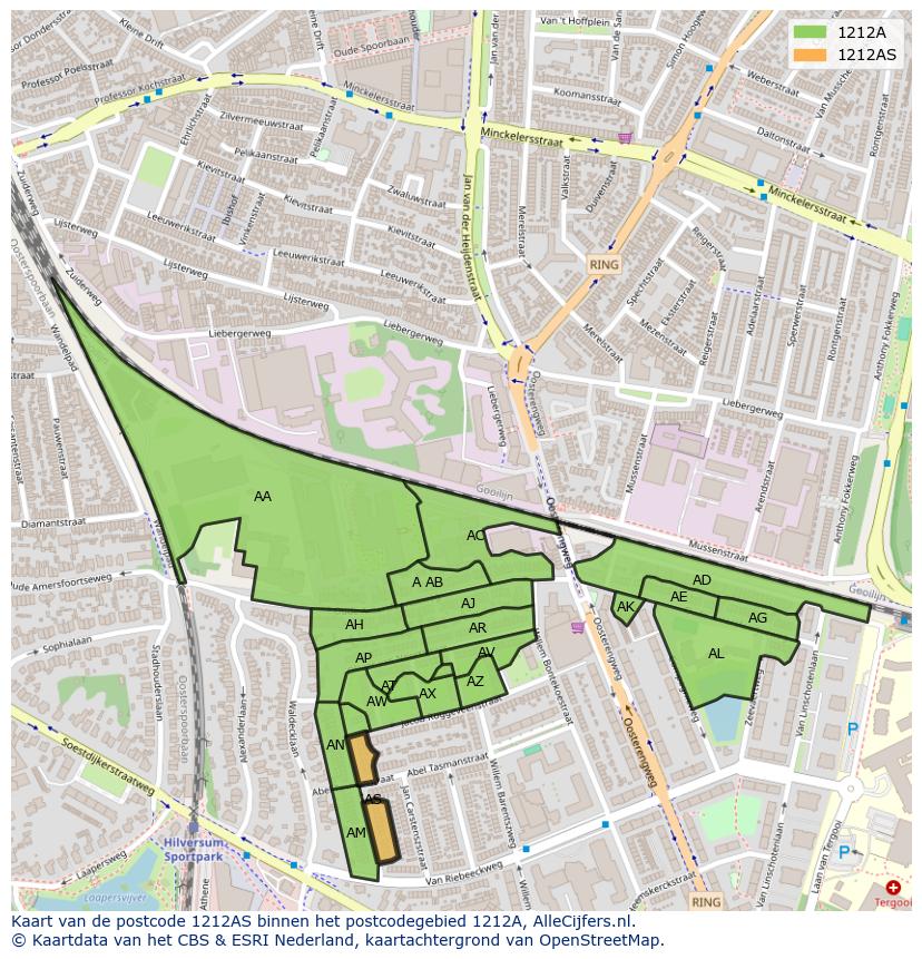 Afbeelding van het postcodegebied 1212 AS op de kaart.