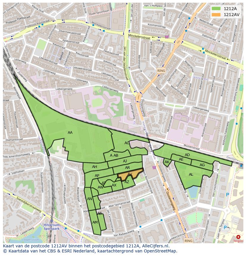 Afbeelding van het postcodegebied 1212 AV op de kaart.