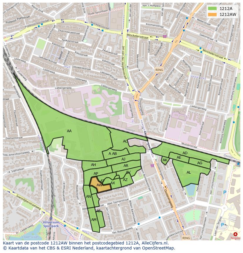 Afbeelding van het postcodegebied 1212 AW op de kaart.
