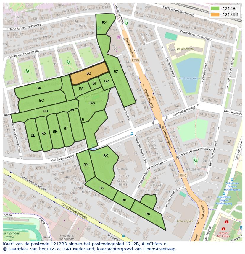 Afbeelding van het postcodegebied 1212 BB op de kaart.