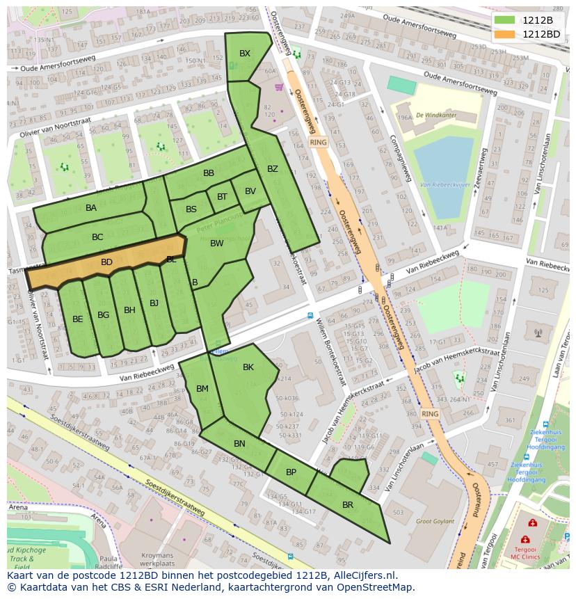 Afbeelding van het postcodegebied 1212 BD op de kaart.
