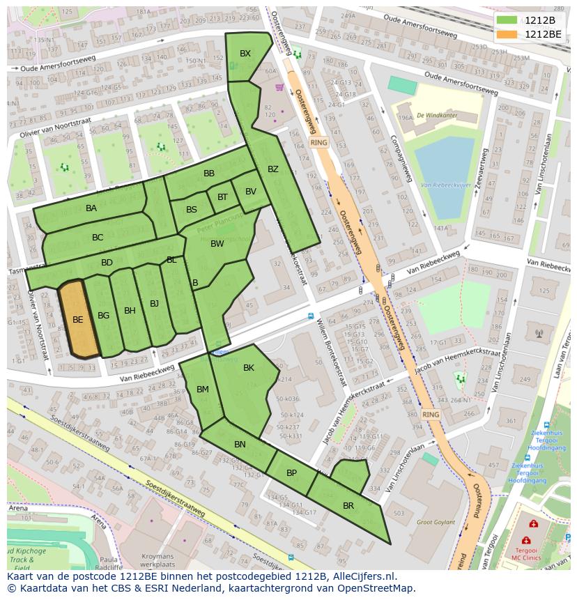 Afbeelding van het postcodegebied 1212 BE op de kaart.