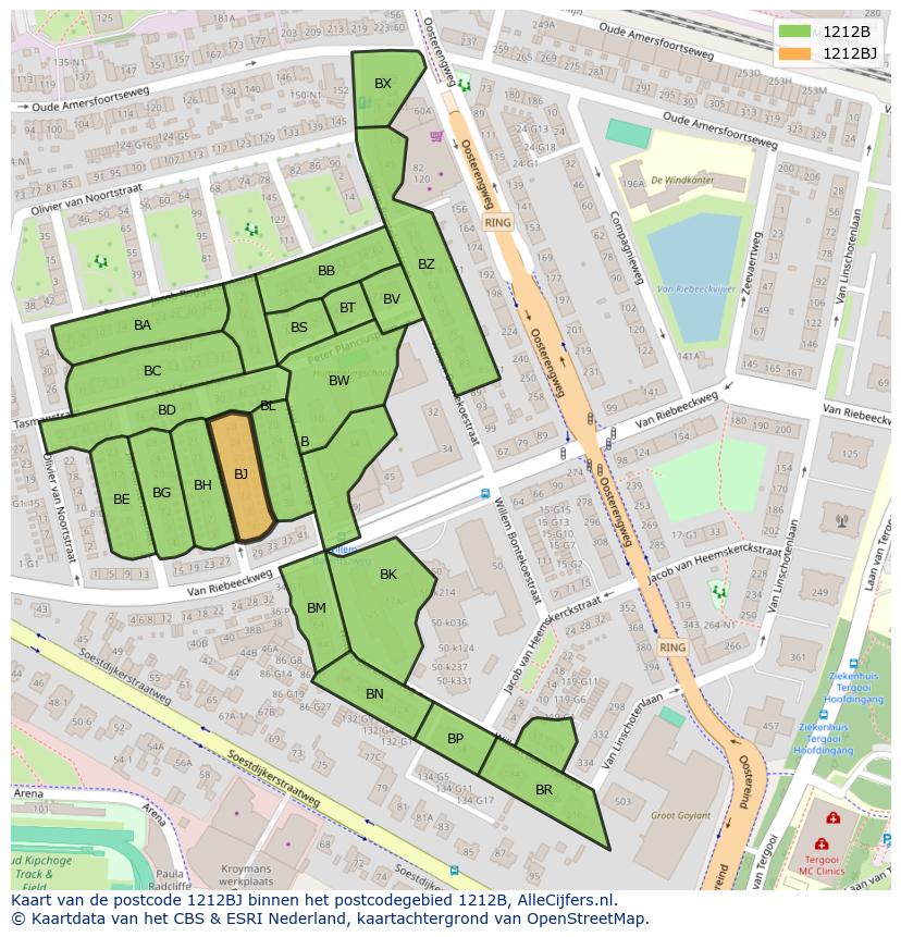 Afbeelding van het postcodegebied 1212 BJ op de kaart.