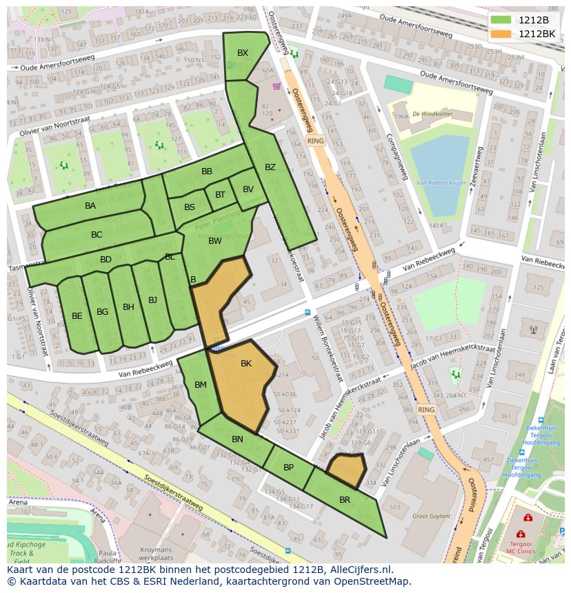 Afbeelding van het postcodegebied 1212 BK op de kaart.