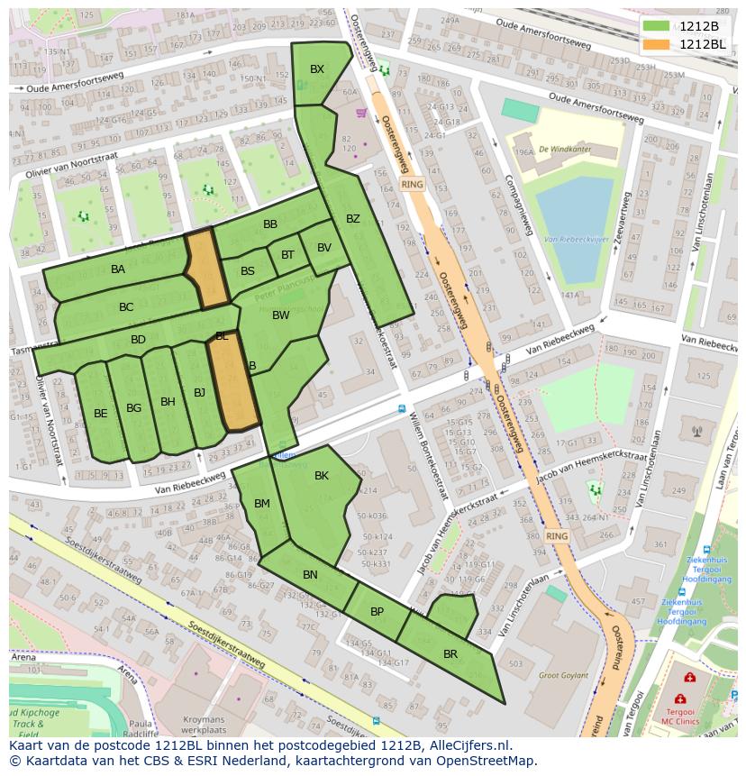 Afbeelding van het postcodegebied 1212 BL op de kaart.