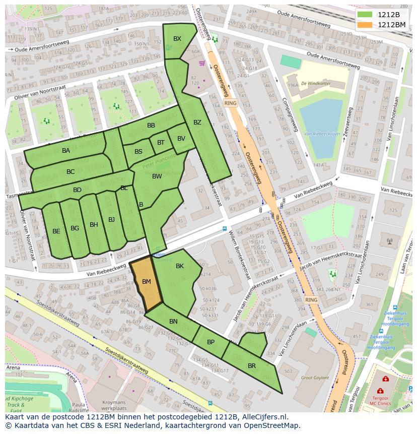 Afbeelding van het postcodegebied 1212 BM op de kaart.