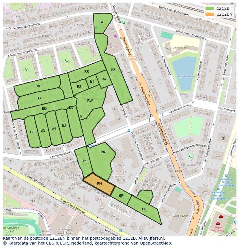 Afbeelding van het postcodegebied 1212 BN op de kaart.