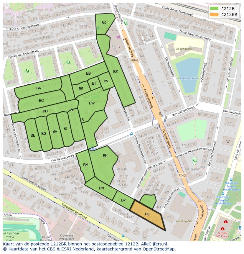 Afbeelding van het postcodegebied 1212 BR op de kaart.
