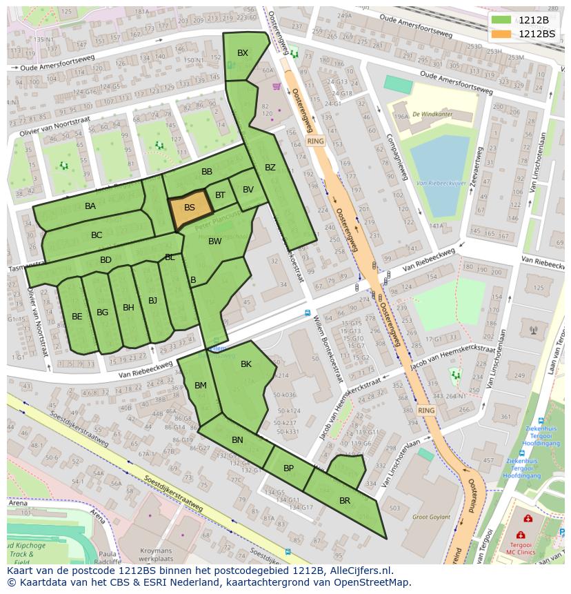Afbeelding van het postcodegebied 1212 BS op de kaart.