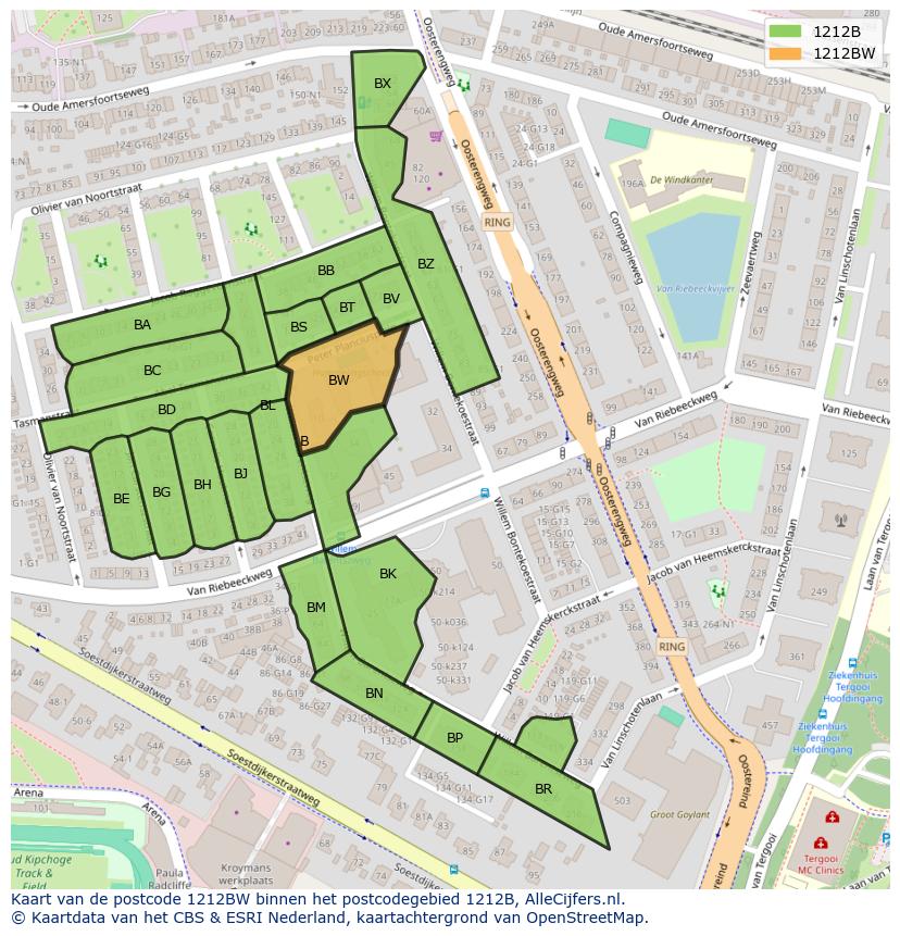 Afbeelding van het postcodegebied 1212 BW op de kaart.
