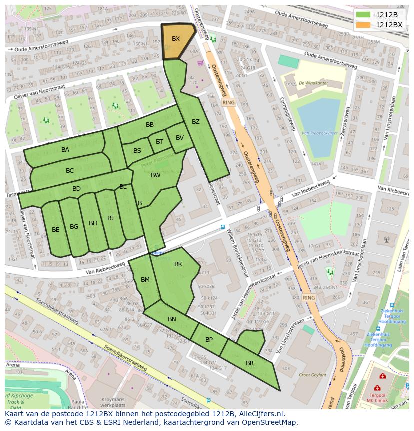 Afbeelding van het postcodegebied 1212 BX op de kaart.