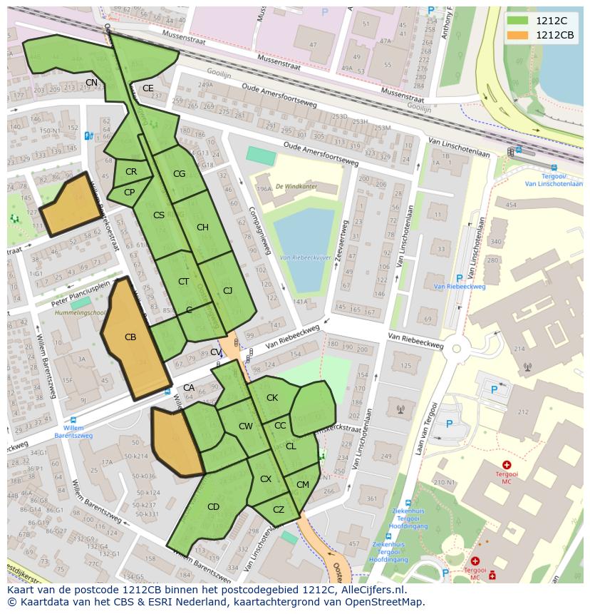 Afbeelding van het postcodegebied 1212 CB op de kaart.