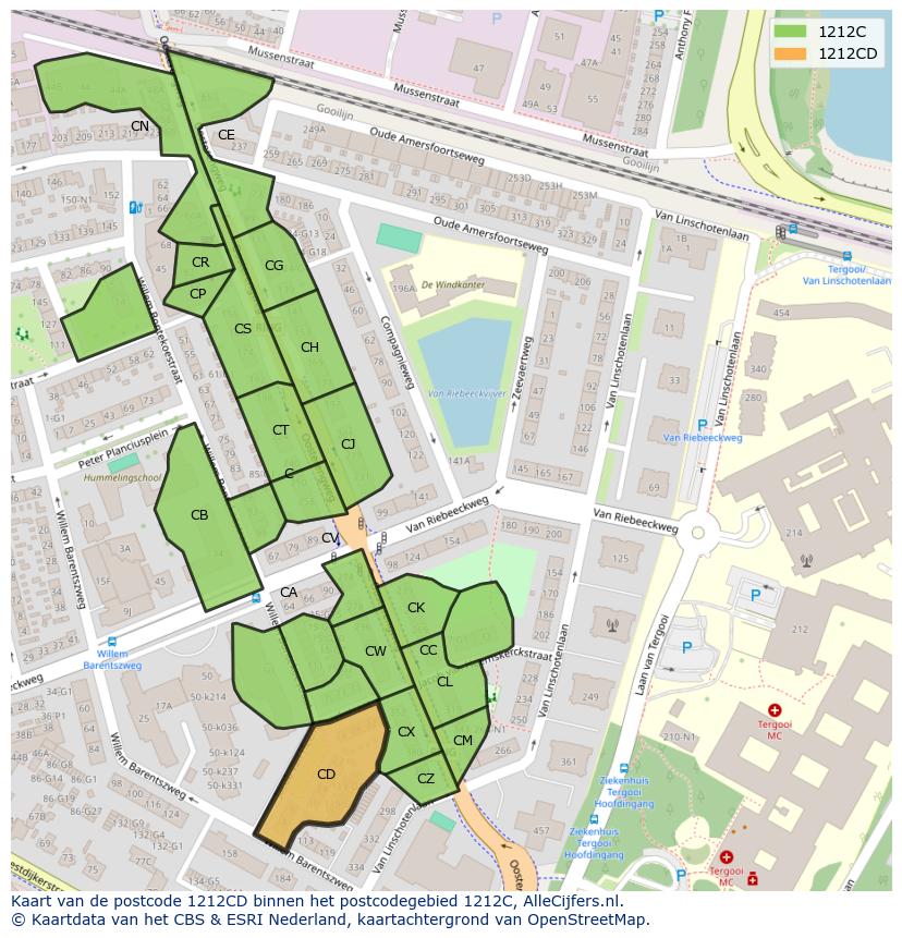 Afbeelding van het postcodegebied 1212 CD op de kaart.