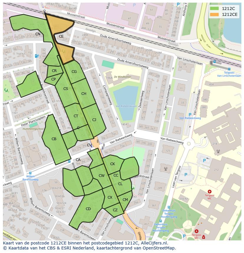 Afbeelding van het postcodegebied 1212 CE op de kaart.