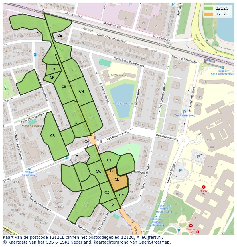 Afbeelding van het postcodegebied 1212 CL op de kaart.