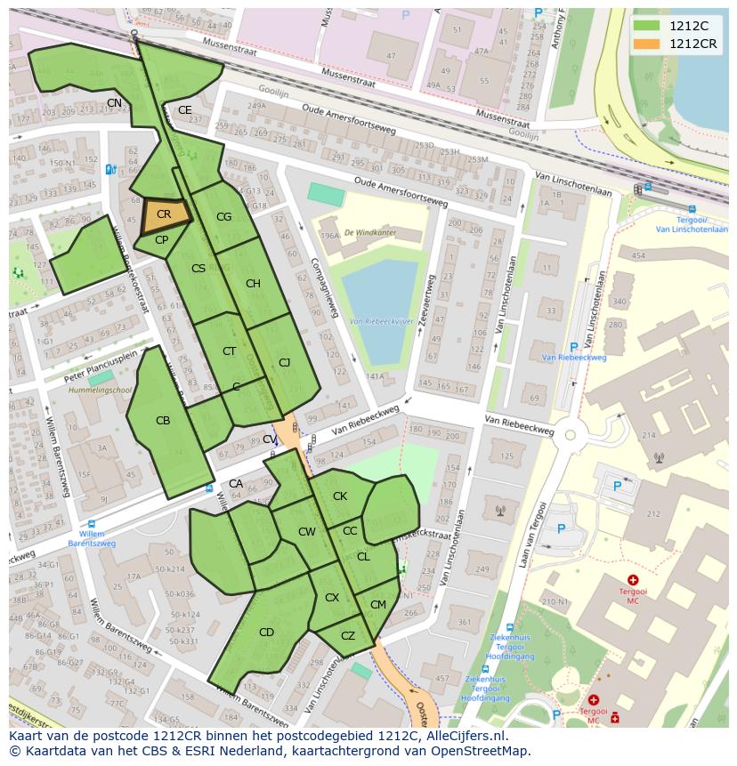 Afbeelding van het postcodegebied 1212 CR op de kaart.