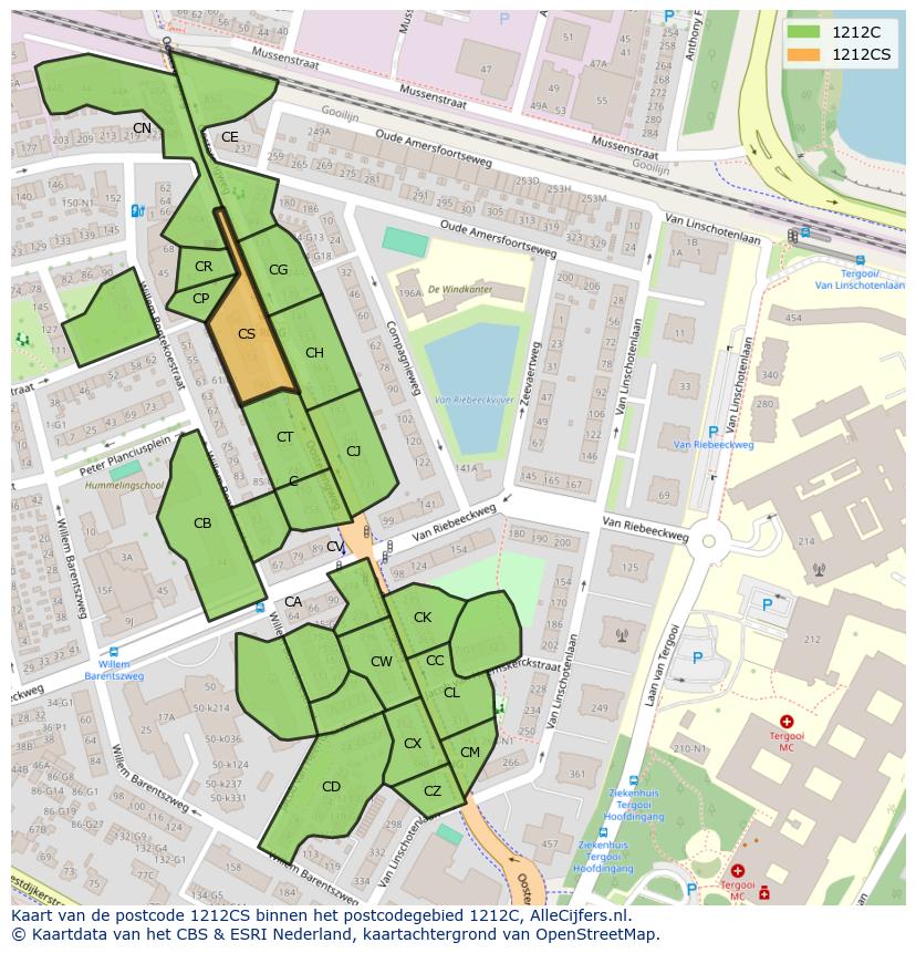 Afbeelding van het postcodegebied 1212 CS op de kaart.