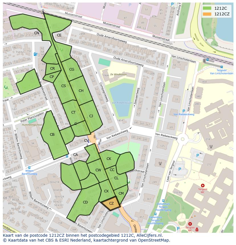 Afbeelding van het postcodegebied 1212 CZ op de kaart.