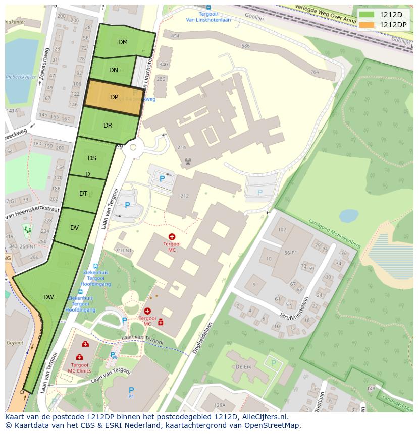 Afbeelding van het postcodegebied 1212 DP op de kaart.