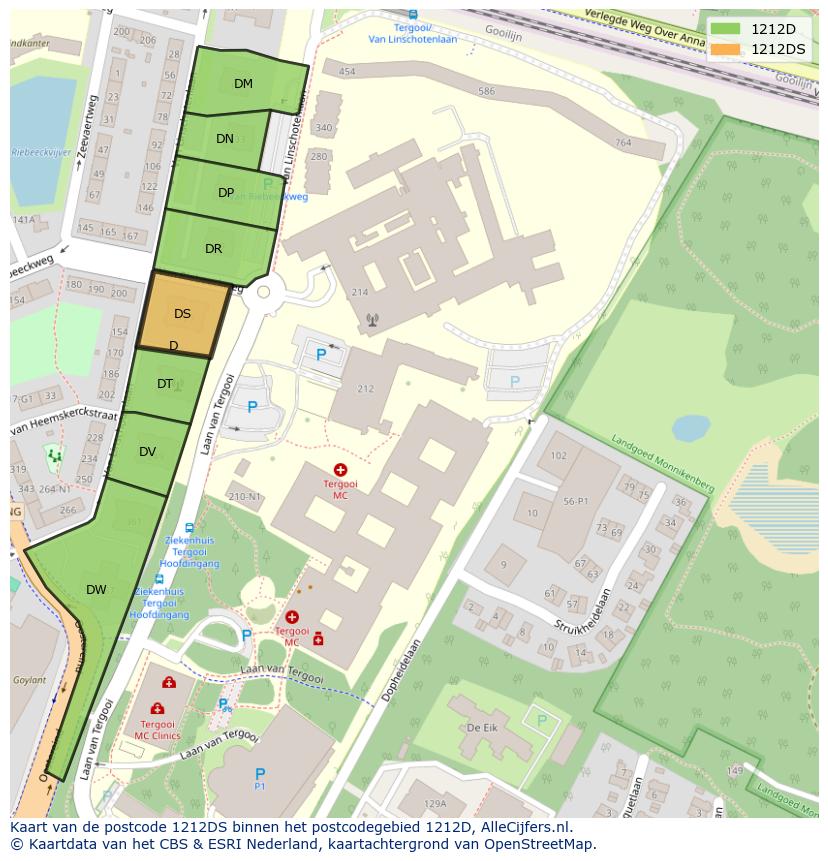 Afbeelding van het postcodegebied 1212 DS op de kaart.