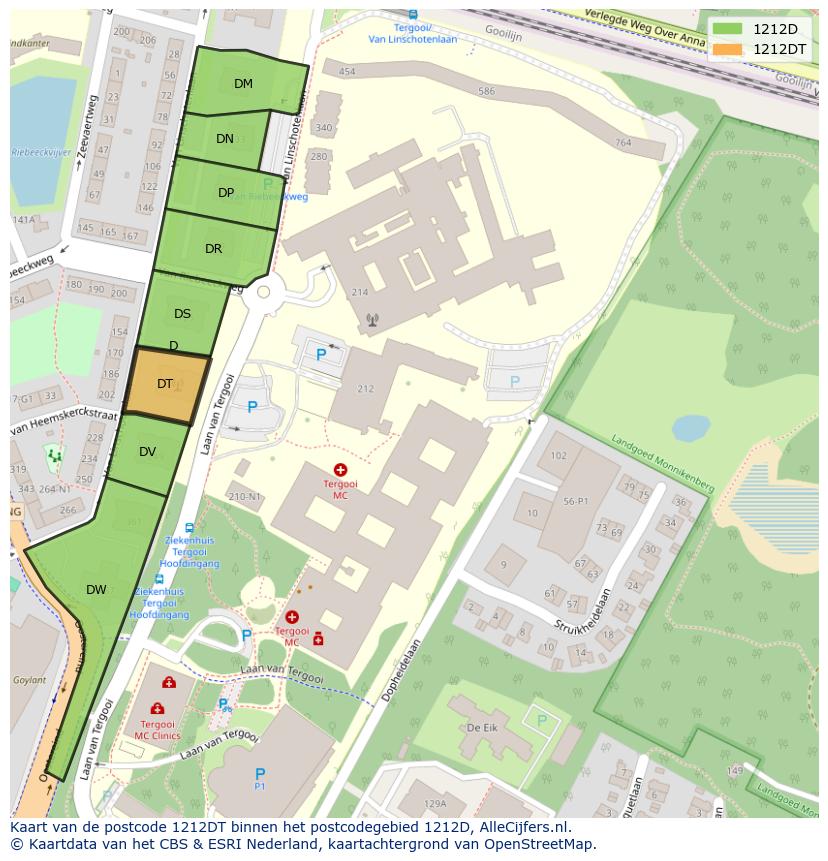 Afbeelding van het postcodegebied 1212 DT op de kaart.