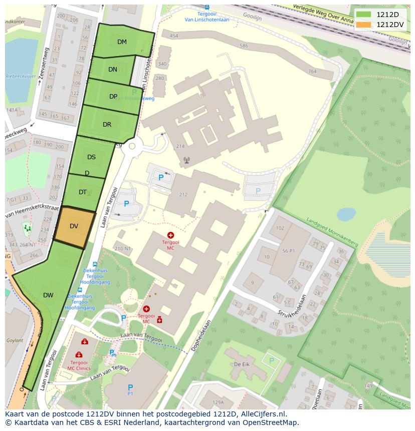 Afbeelding van het postcodegebied 1212 DV op de kaart.