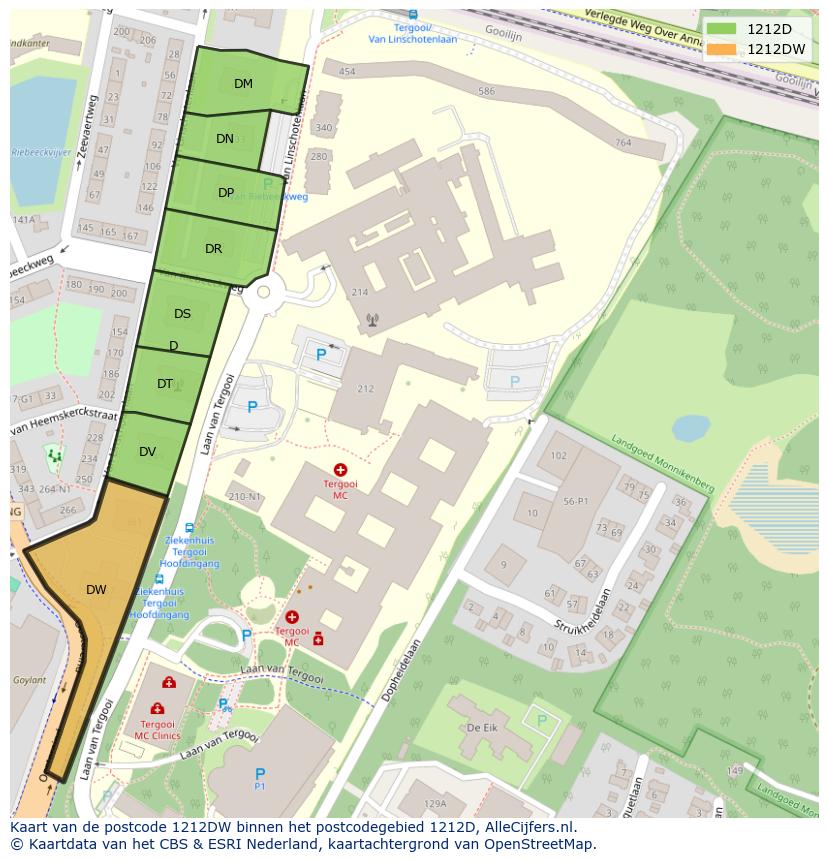 Afbeelding van het postcodegebied 1212 DW op de kaart.