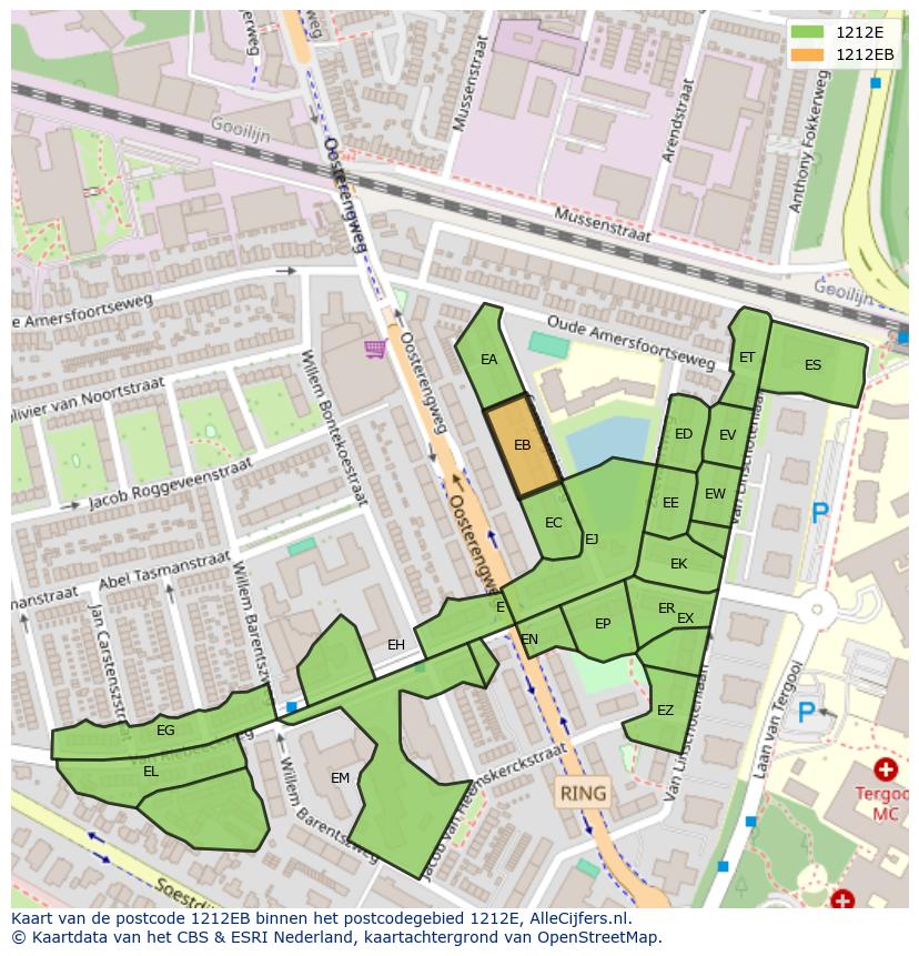 Afbeelding van het postcodegebied 1212 EB op de kaart.