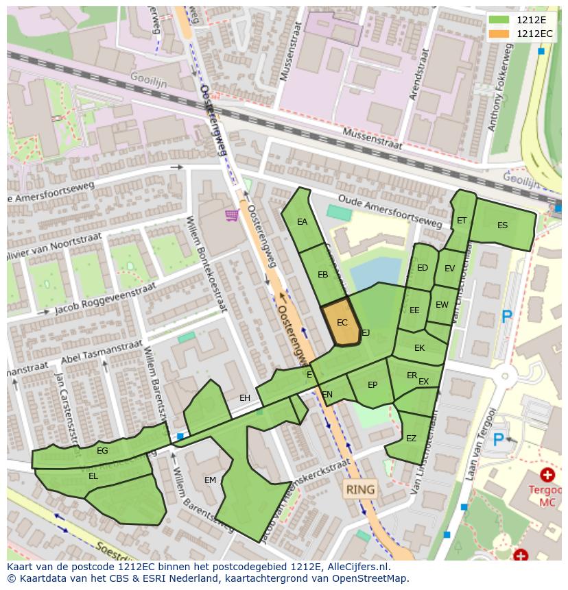 Afbeelding van het postcodegebied 1212 EC op de kaart.