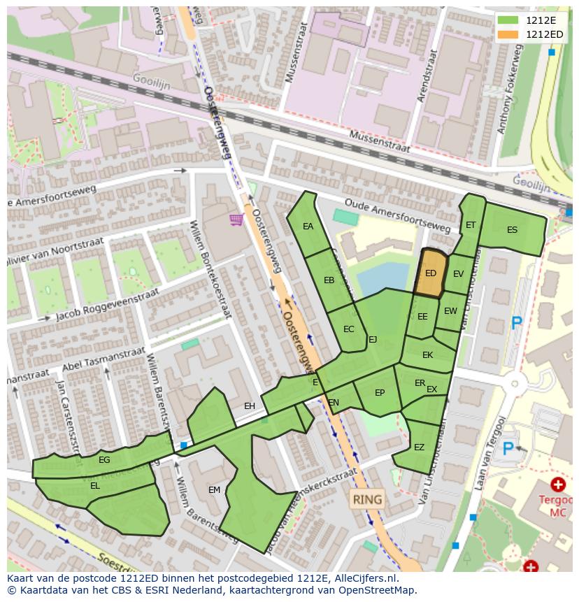 Afbeelding van het postcodegebied 1212 ED op de kaart.